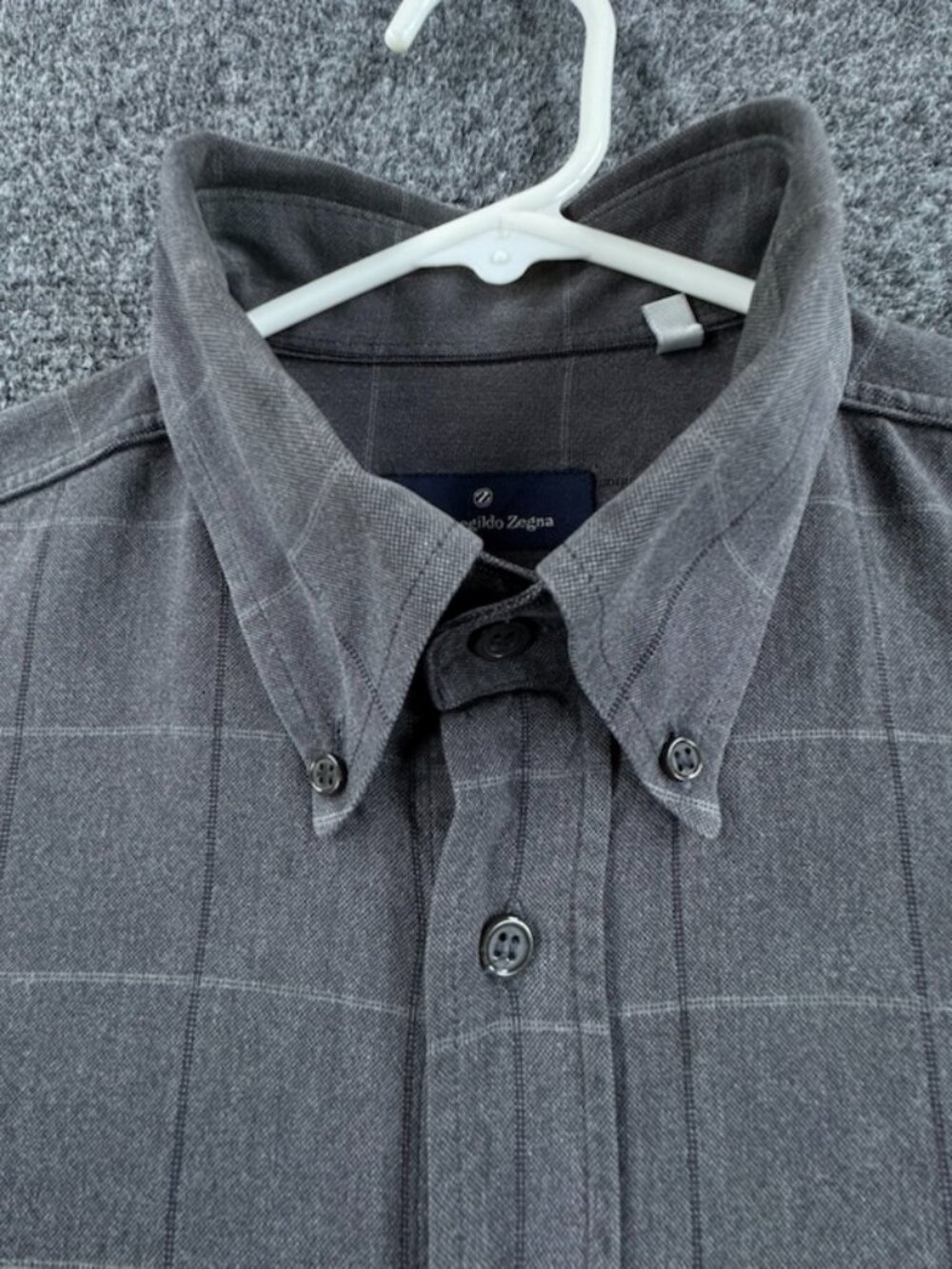 Ermenegildo Zegna Medium Gray Button-Down Logo Italy Cotton Check Italian Pocket
